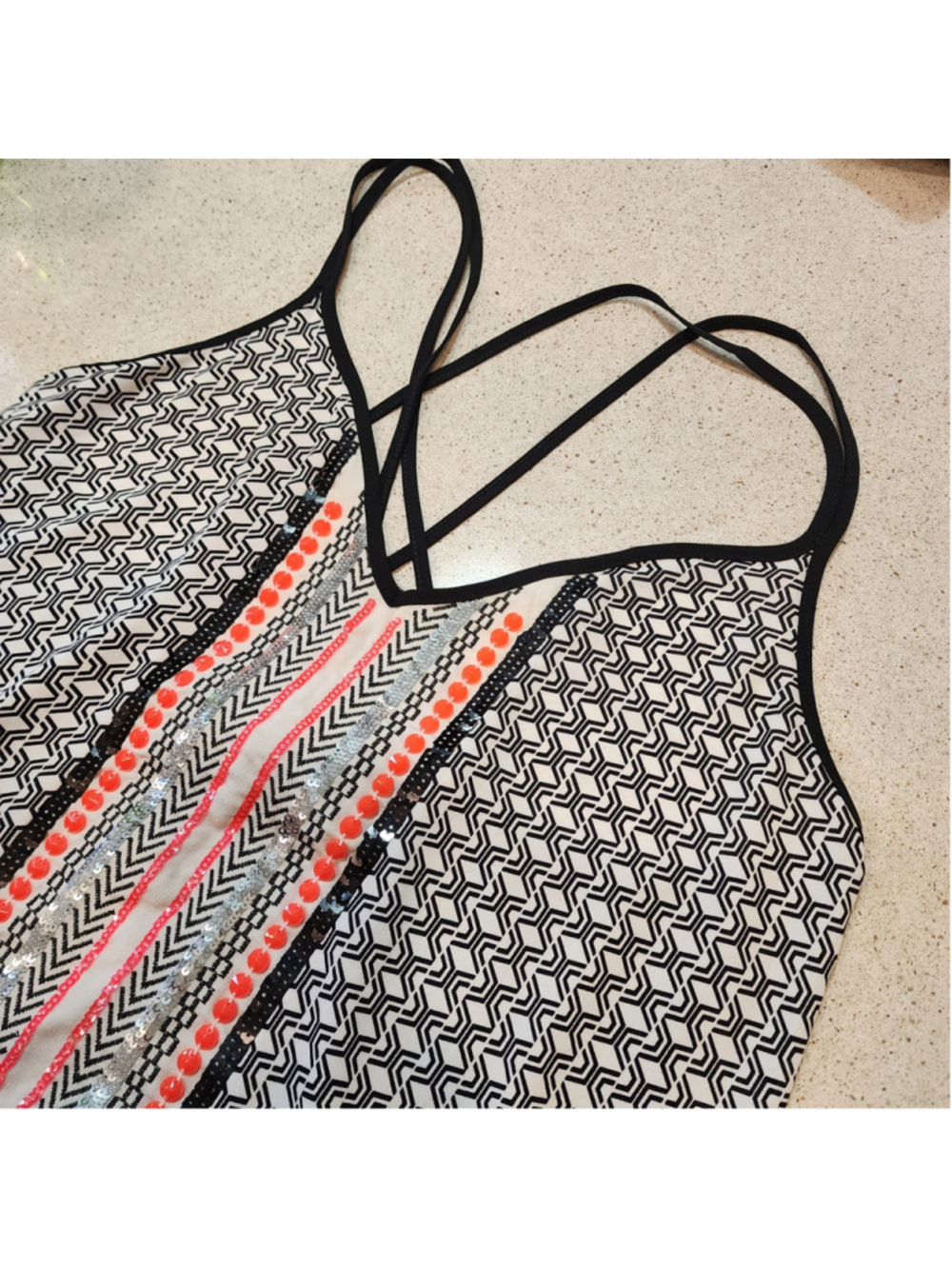 Express black white geometric sequin beaded strappy tank top camisole size M